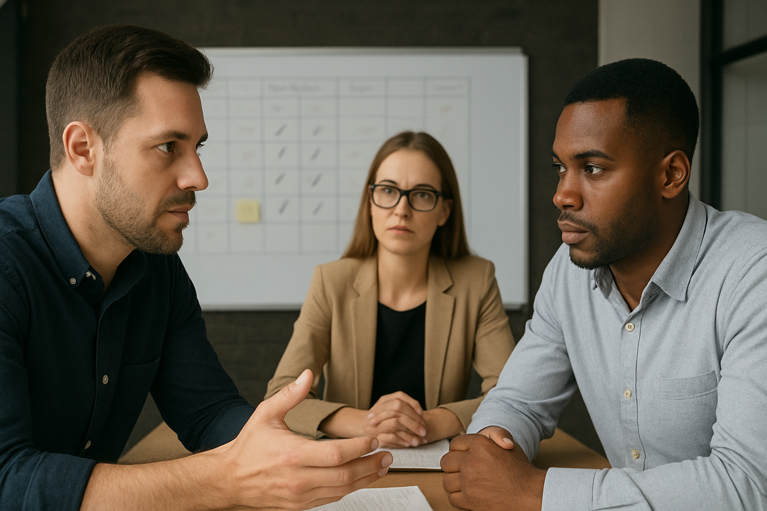 A high-resolution photograph shows three professionals in a modern office. A white man and a Black man sit at a table, facing each other with engaged expressions, while a woman beside them looks toward the white man. Another man sits nearby, focused on the discussion. The group appears to be collaborating in a positive, respectful conversation.